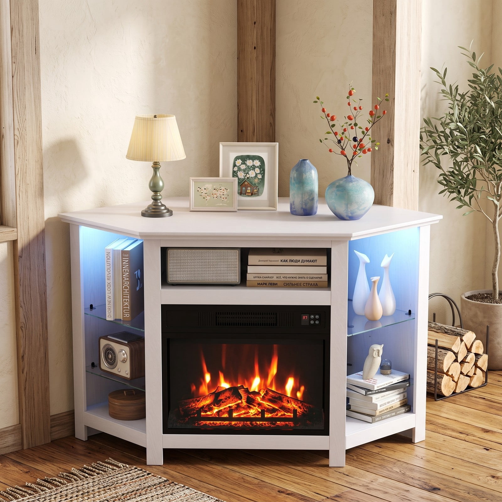 Furnibear Corner Fireplace TV Stand with LED Lights and Smart APP Control for TVs up to 50 Inches, Electric Media Console with Glass Shelves and Adjustable Flame, White