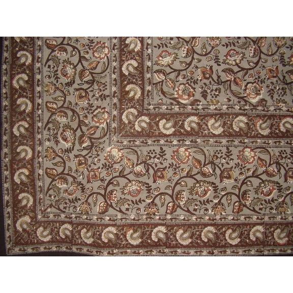 Block Print Floral Cotton Tablecloth 90" x 60" Gray