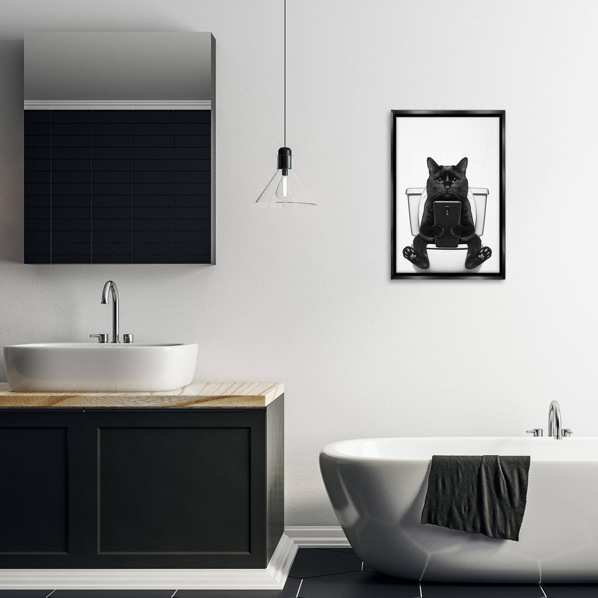 Stupell Industries Cat Texting on Toilet Typography Painting Black Floater Framed Canvas Art Print Wall Art, 17 x 25