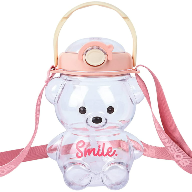 Xigugo Kawaii Bear Straw Bottle Cute Water Bottles with Adjustable &  Removable Shoulder Strap Large capacity Straw Bottle for Outdoor and School  Activities (pink 32oz)