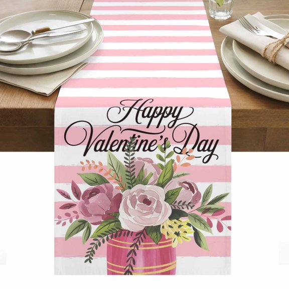 Valentine's Day Table Runner - 120 Inch Long, Kitchen Dining Table Runner Dresser Scarves, Pink Roses Flowers Stripes Country Farmhouse Decor for Coffee Tables Wedding Party Banquet