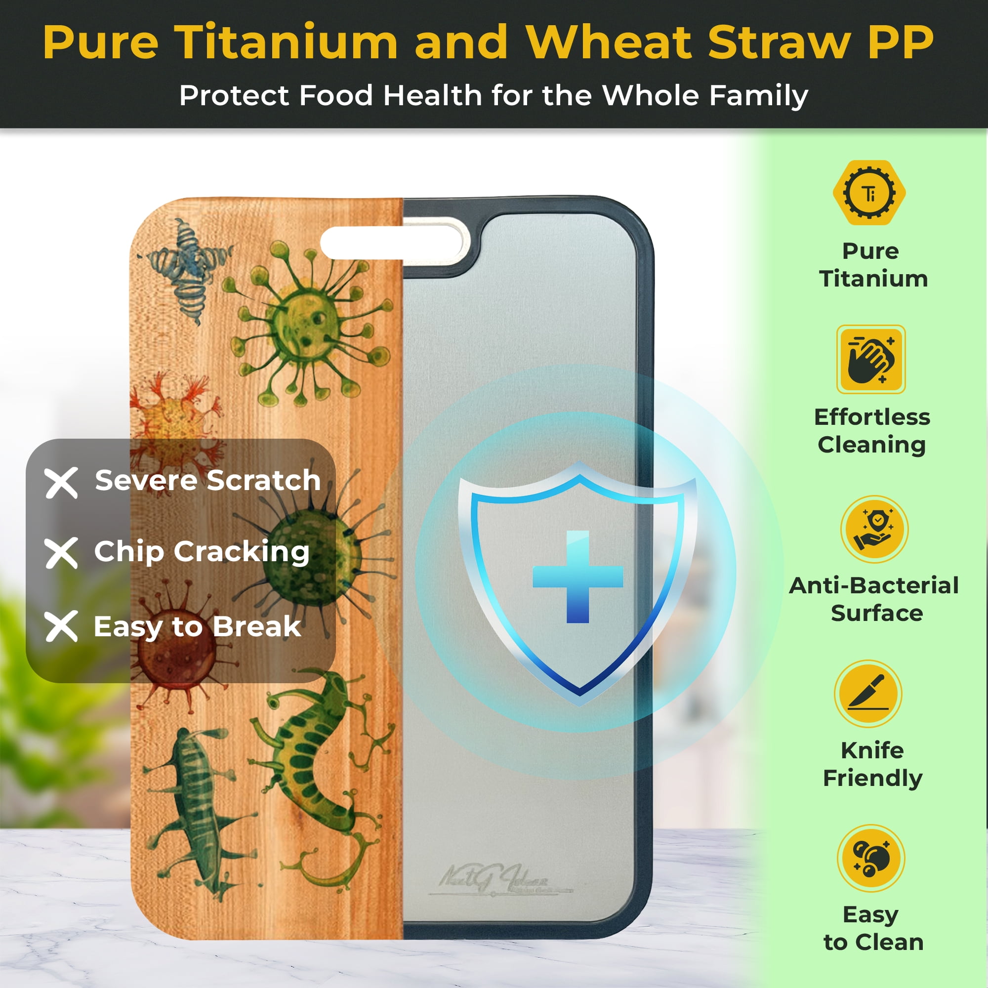 NextG Ideaz Double-Sided Cutting Board, 15x10in, Pure Titanium & Wheat Straw PP