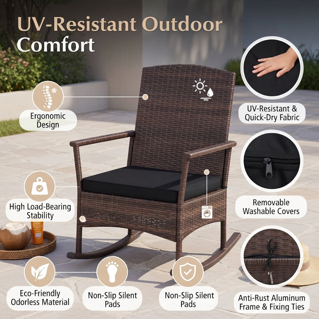 Hommoo 3-Piece Outdoor Rocking Bistro Set, PE Rattan Rocker Chairs + 2-Tier Tempered Glass Coffee Table, Black
