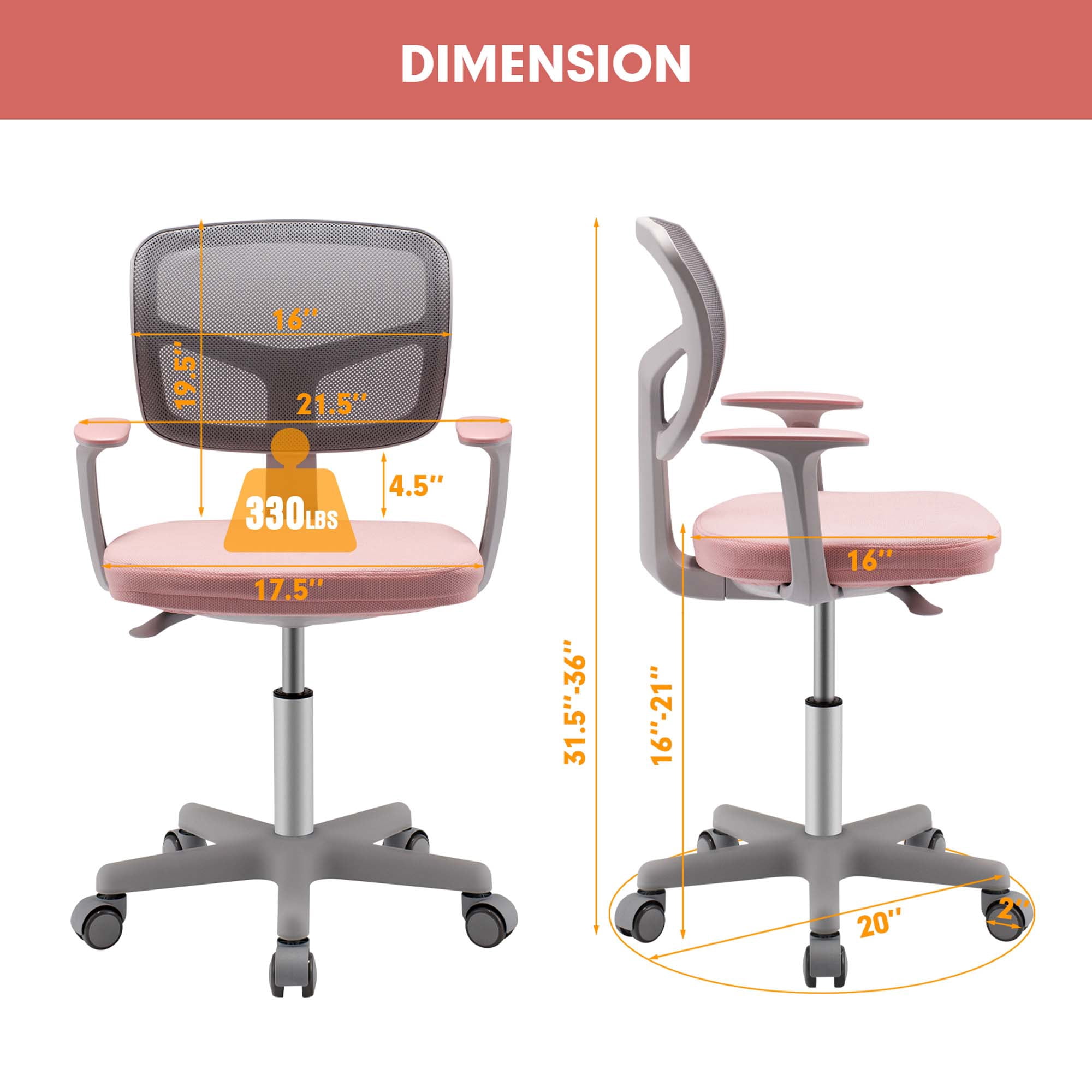 Costway Auto Lock Kids Mesh Chair with Armrests Height Adjustable 360-Degree SwivelPink
