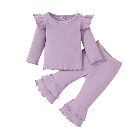 

Baby Girls Outfit Ruffle Trim Long Sleeve Solid Color Ribbed Top And Flare Pants Kids Children Spring Summer Fashion Leisure Cute Sleepwear Streetwear Sets