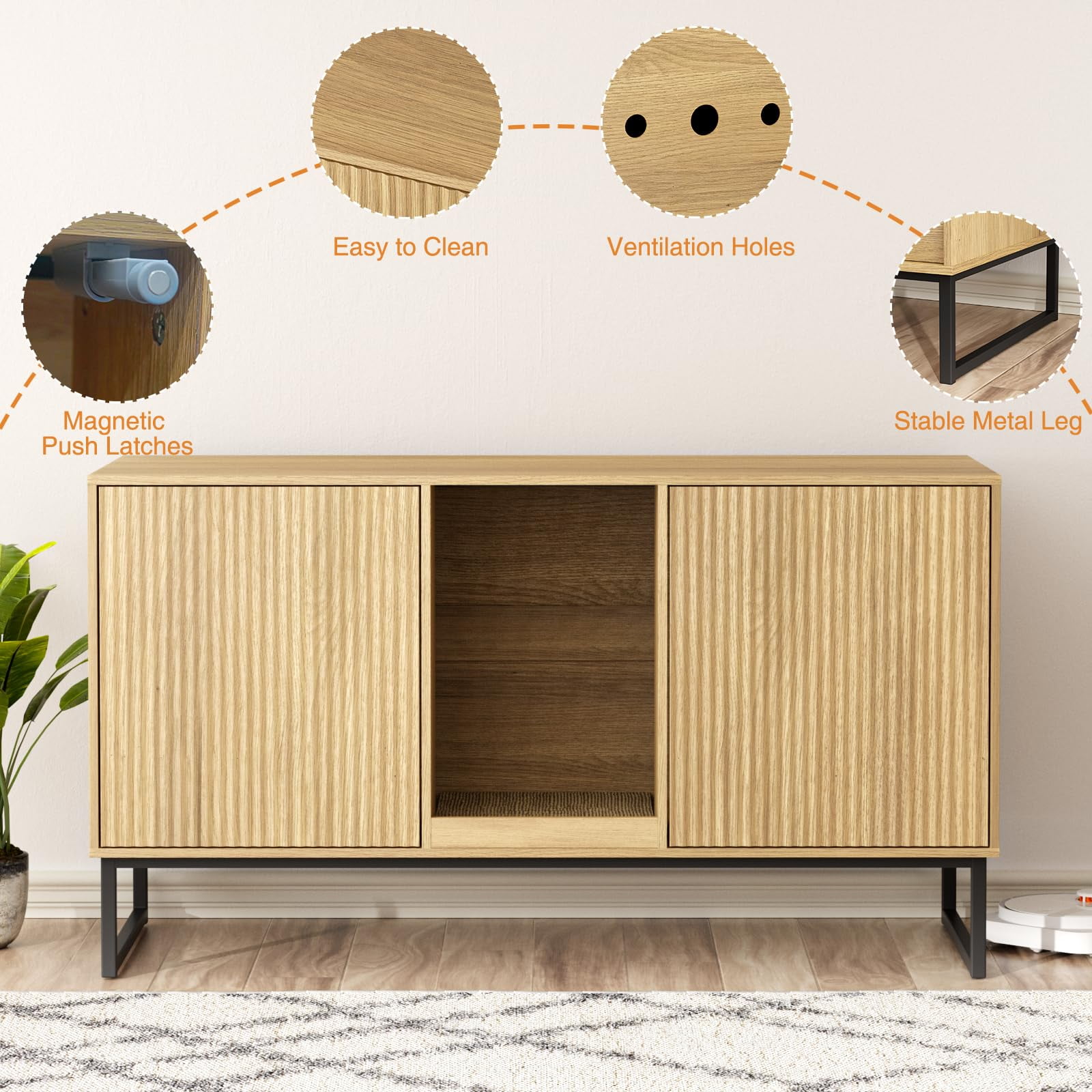 VEANERWOOD Cat Litter Box Enclosure with Hidden Entry and Two Cabinet Doors, Multi-Functional Cat Washroom
