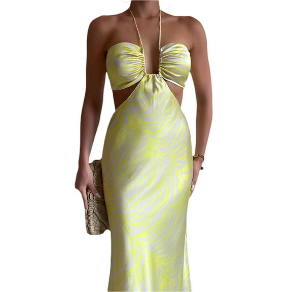 Womens Sexy Bodycon Cut Out Satin Long Dress Floral Print Backless Maxi Dress Spaghetti Strap Cocktail Dress