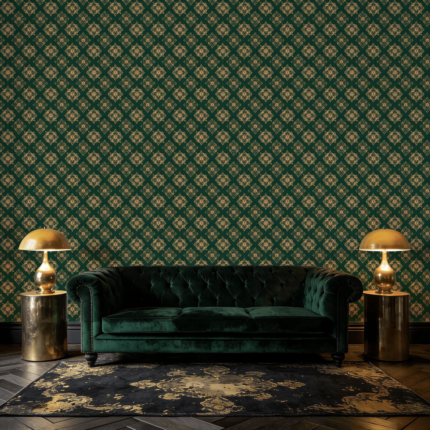 Peel and Stick Wallpaper Baroque Vintage Floral Damask Green Gold Accents Wall Mural 17.7in x 9.8ft Self Adhesive Removable Wall Paper Renter Friendly Wallpaper for Nursery Bedroom Cabinets