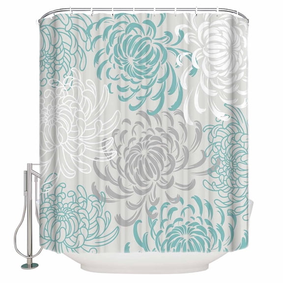 Aqua White Shower Curtains for Bathroom Waterproof Fabric Bath Curtains Decor Bath Tub Curtain Abstract Grey Chrysanthemum Flower Floral Decorative Shower Curtain Sets with 12 Hooks, 72x72 Inch