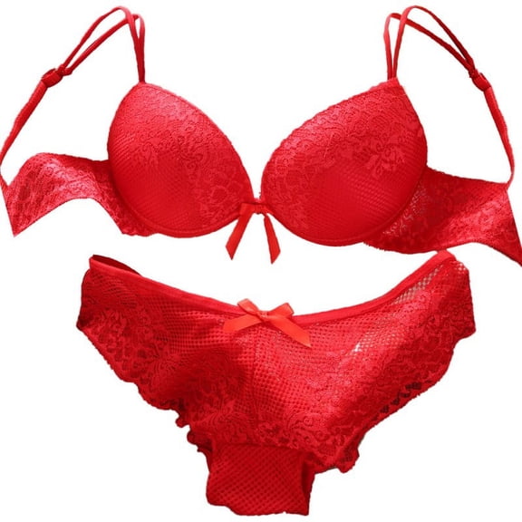 Wuffmeow Women Lace Sexy Thin Deep V-neck Push Up Underwear Vintage Solid Color Bra Set
