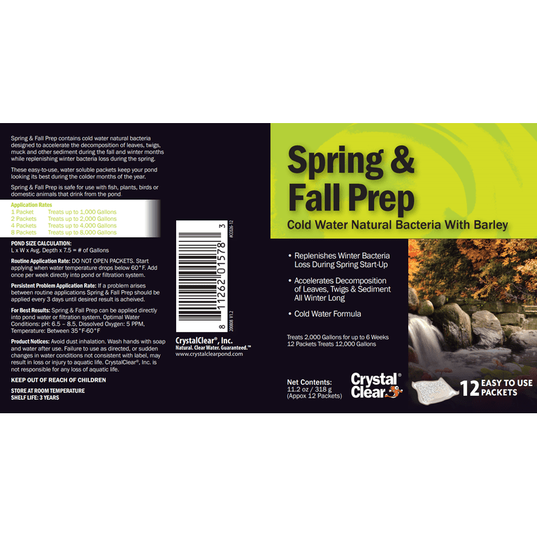 CrystalClear Spring & Fall Pond Prep - Cold Water Bacteria With Barley - 12 Packets (Treats Up To 12,000 Gallons)