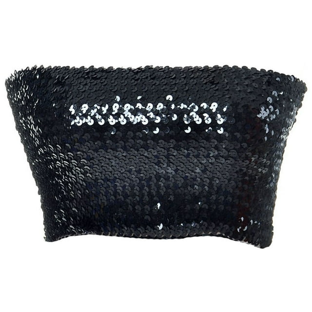 Womens Shiny Sequin Party Cropped Strapless Bandeau Stretch Tube Top