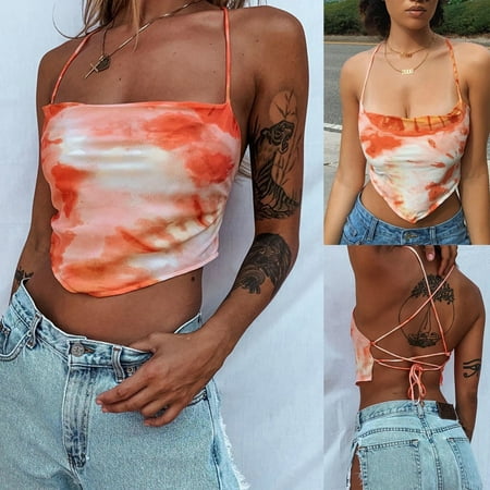 

Fashion Womens Tie-Dye Taping Backless Hanging Neck Sling Wrap Bra Top Women s Tanks Camis