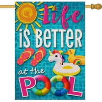 Summer Life is Better at the Pool Decorative House Flag, Sun Sunshine Swimming Ring Flip Flop Garden Yard Outside Decoration, Seasonal Outdoor Large Burlap Decor Double Sided 28 x 40