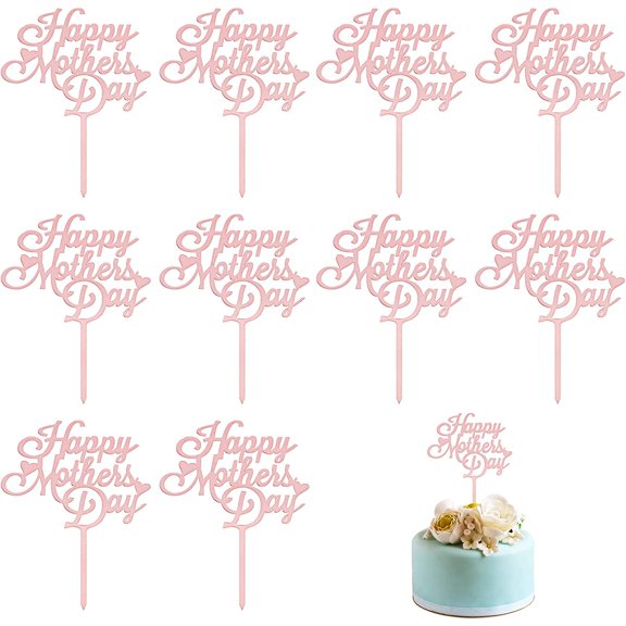 Mother's Day Cake Topper, 10pcs Acrylic Happy Mother's Day Cupcake Topper for Birthday Mother's Day Cake Party Decoration Supplies (Pink -1)