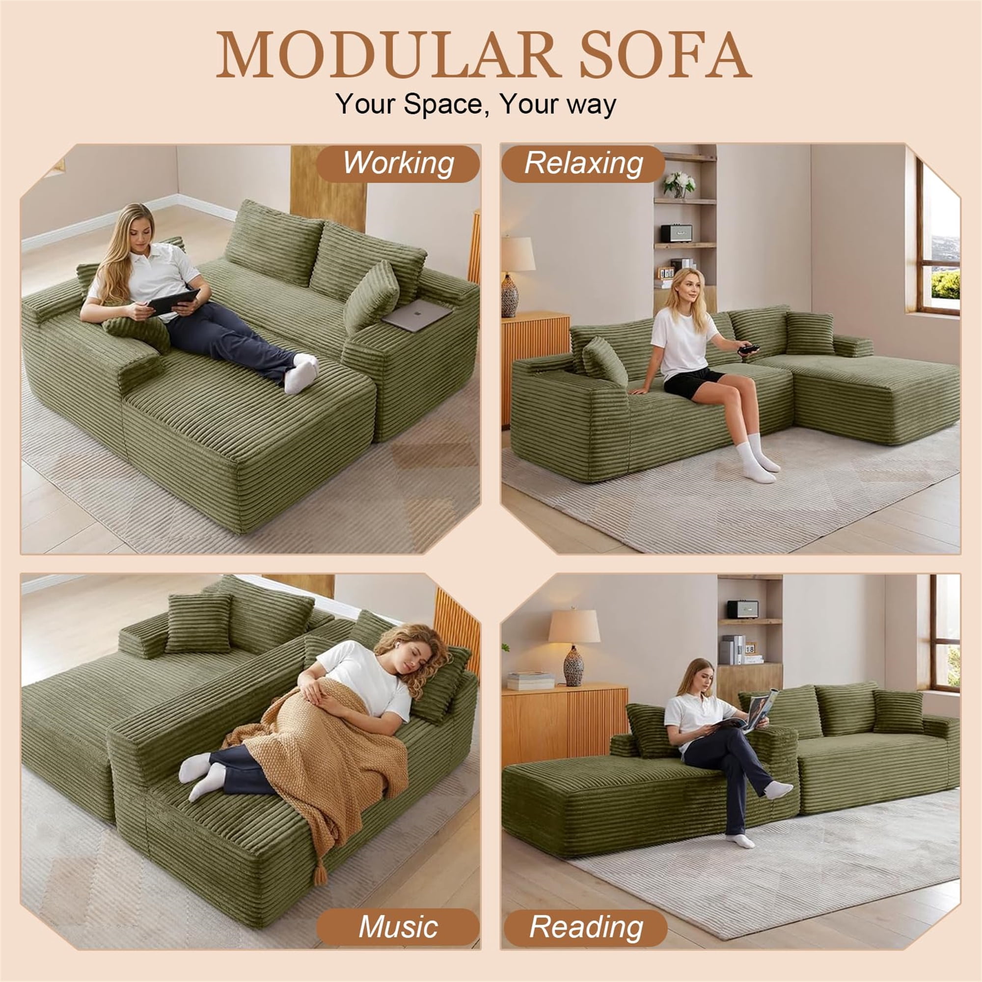 Aukfa 105" Cloud Sectional Sofa Boneless Couch Modular Sofa Bed for Living Room, 2Pillows, Left Chiase, Corduroy, Green