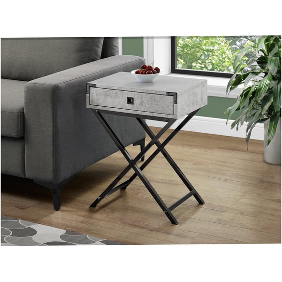 Modern Grey Accent Table with Storage Drawer, Small Side Table Nightstand for Living Room Bedroom, Black Metal X-Leg Design