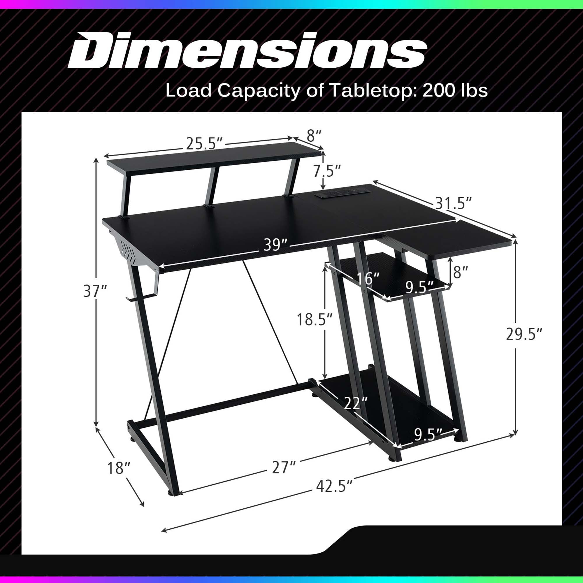 Costway L Shaped Gaming Desk with Outlets & USB Ports Monitor Shelf Headphone Hook Black