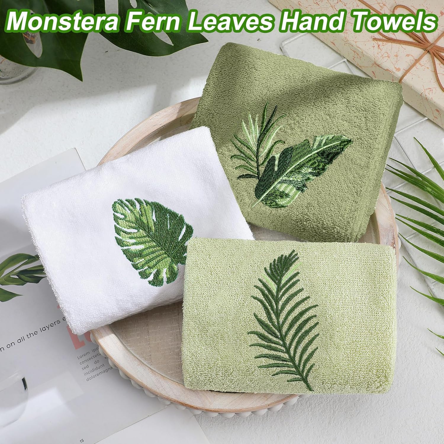 3 Pcs Tropical Palm Leaves Hand Towels for Bathroom Decor Summer a Embroidered Absorbent Soft Cotton 13.78 x 29.53 Inch Farmhouse Green Decorative Kitchen Home