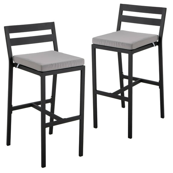 LeisureMod Patio Bar Stool in Powder-Coated Aluminum Frame with Removable Cushion Low Open-Back Design and Footrest Chelsea Collection Set of 2 in Light Grey