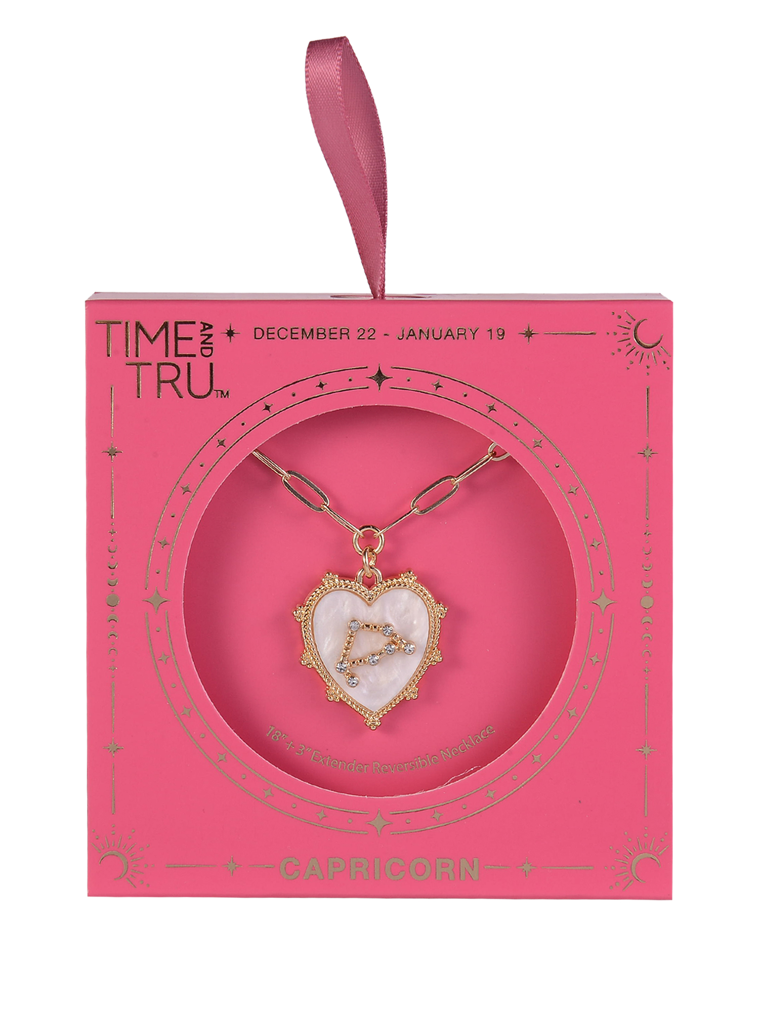 Time and Tru Women's Oval Link Chain Heart with Stone and Inset Constellation "Capricorn" Goldtone Reversible Necklace