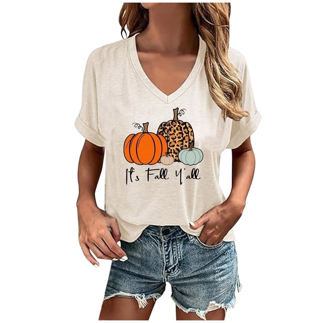 Acción de Gracias Top Mujeres, Pullover de Impresión de Calabaza con Cuello en V Blusa de Manga Corta, Poliéster de Moda Casual