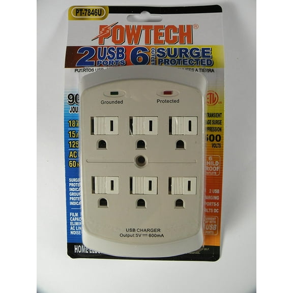6 Outlet Surge Protector Wall Tap w/ 2 USB Ports - 900 Joules
