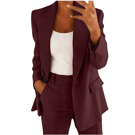 Alkepwun Dress Suits for Women Long Sleeve Classic Lapel Single Button Pocket Blazer with Straight Leg Zipper Pants Professional Office Business Casual Formal Two Piece Suit