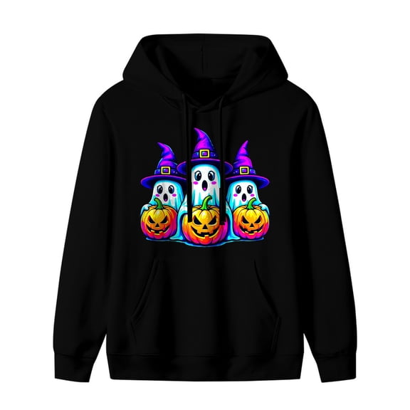 ZILE Halloween Ghosts Holding Pumpkins Graphic Hoodie, Black