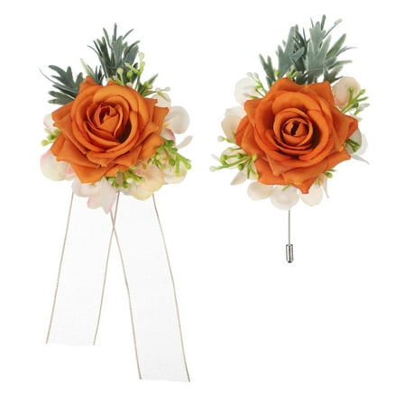 Uxcell Orange Wrist Corsage and Boutonnieres Set, Artificial Flowers Corsage Wristlet for Wedding Bride Groom Ceremony Anniversary Prom Party