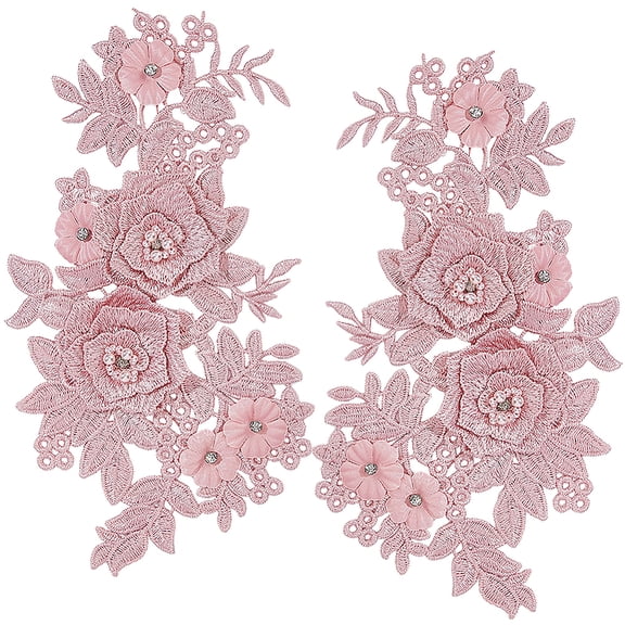 2Pcs 3D Flower Embroidered Patches Pink Floral Sew on Patch Embroidery Applique with Pink Pearl Beaded Rhinestone Embellishments Cloth Collar Trim DIY