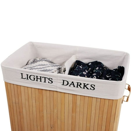 Dark Wood Hamper Folding Double-lattice Bamboo Laundry Basket, Dirty Clothes Hamper Household Storage Box with Removable Liner and Lid (Wood Color) ()