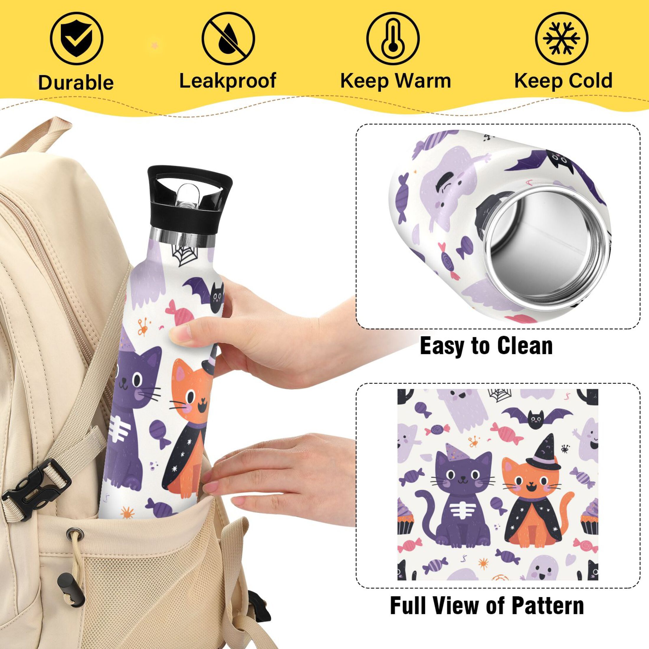 Kids Insulated Stainless Steel Sports Water Bottle 600ml (20oz) Purple Cat and Orange Cat
