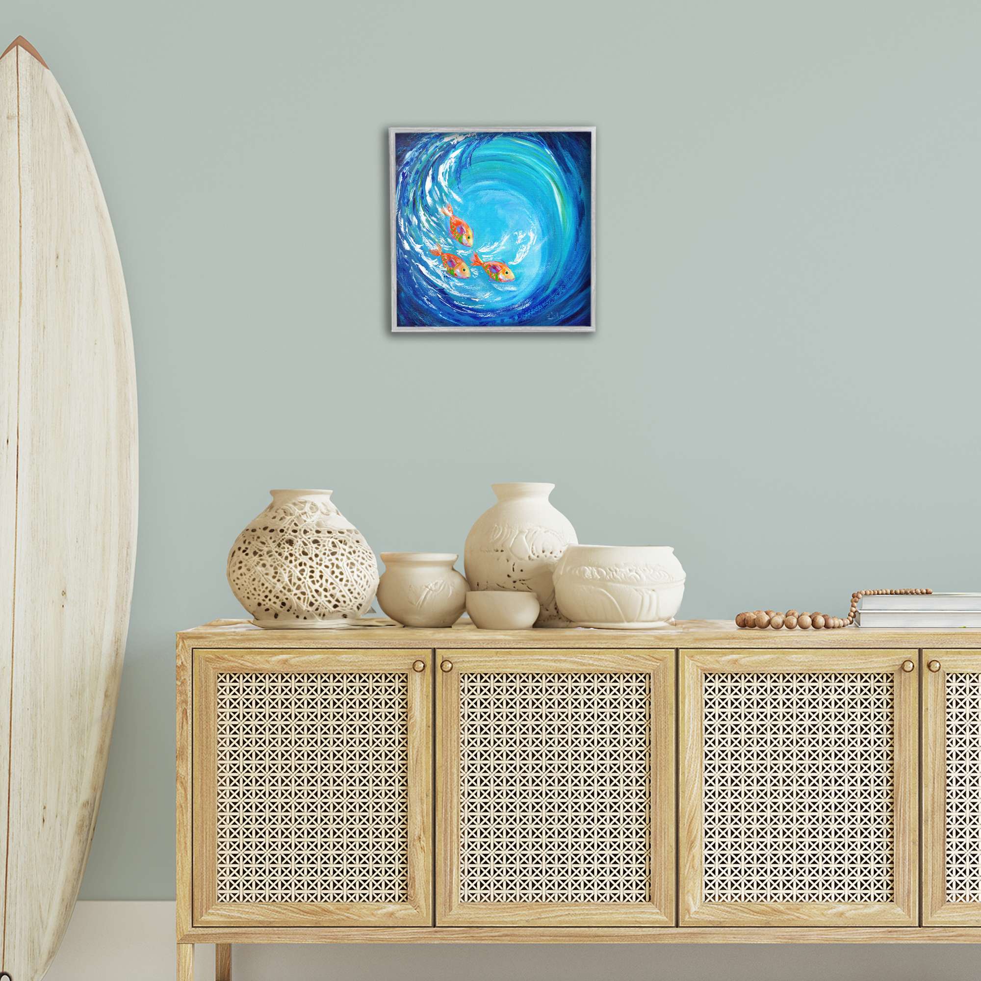 Stupell Industries Into The Blue Fish Landscape Painting Gray Framed Art Print Wall Art, 17 x 17