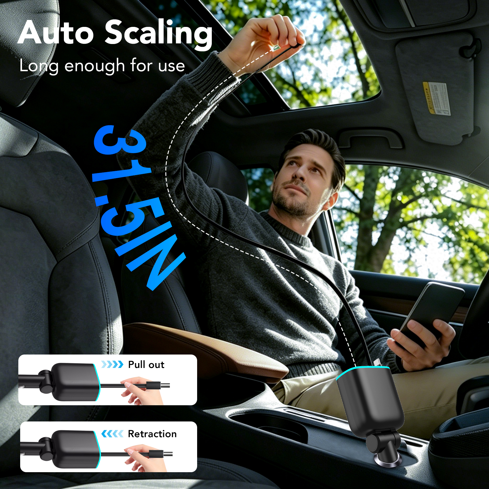 KT1 85W Retractable Car Charger with USB-C and Lightning Cables photo 6