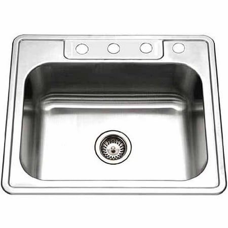 Houzer 2522-8BS4-1 Glowtone Series Topmount Stainless Steel 4-holes Single Bowl Kitchen Sink, 8-Inch