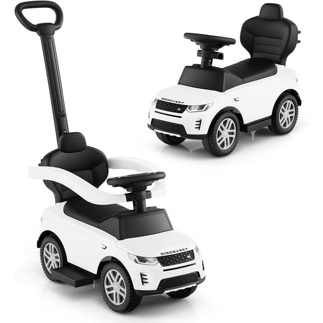 Voiture Pousse-Pousse Land Rover sous Licence pour Tout-Petits par OLAKIDS, Poussette 3 en 1 Voiture Glissante et de Marche avec Poignée de Contrôle pour Parent, Klaxon, Rangement, Jouet à Chevaucher Pied-au-Sol pour Garçons Filles