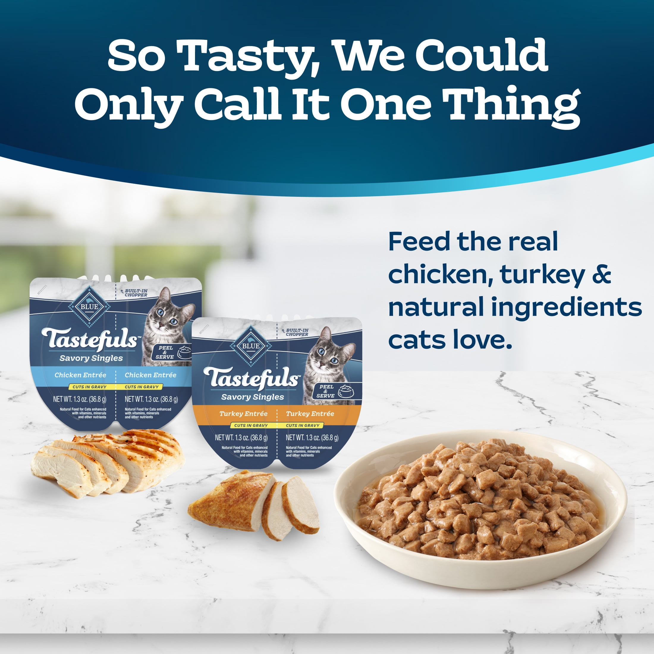 Blue Buffalo Tastefuls Savory Singles Variety Pack, Wet Cat Food in Gravy, 2.6-oz. Twin Packs, Chicken & Turkey (12 Ct.)