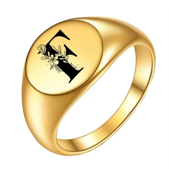 PAMTIER Stainless Steel Creative Oval Flower Initial Alphabet A to Z Ring for Men Women Gold F Size 10