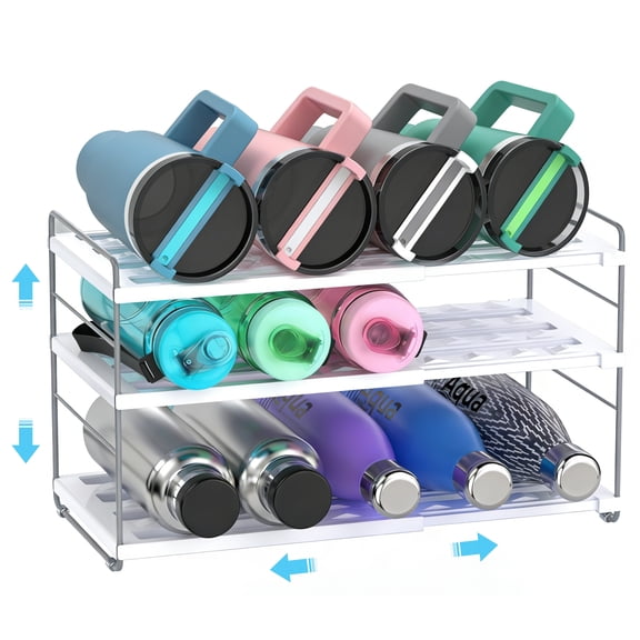 YAN & HIN Expandable Water Bottle Organizer for Cabinet, 3 Tier Tumbler Organizer, Adjustable Bottle Holder, Kitchen Pantry Storage Rack