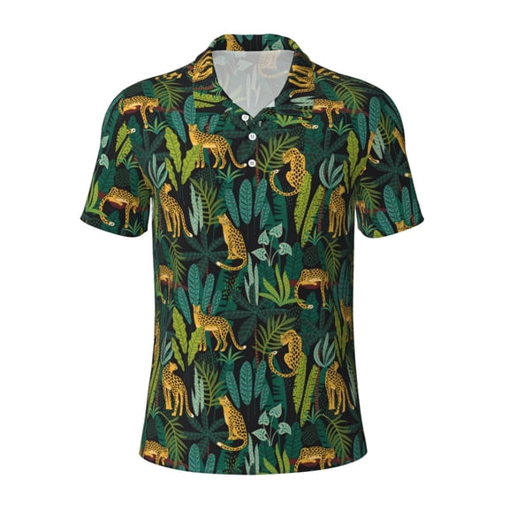 Vsdgher Jungle Leopard Yellow Print Men's Short Sleeve Stretch Polo Shirt, Moisture-Wicking Performance Polo Shirt