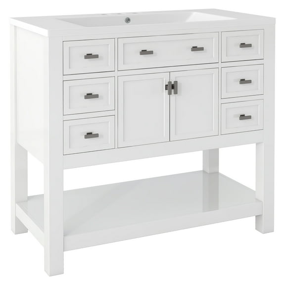 36" Bathroom Vanity Without Top Sink, Modern Freestanding Bathroom Wood Storage Cabinet Only with 2 Soft Closing Doors, 6 Drawers & Bottom Open Shelf (TOP Sink NOT Included)