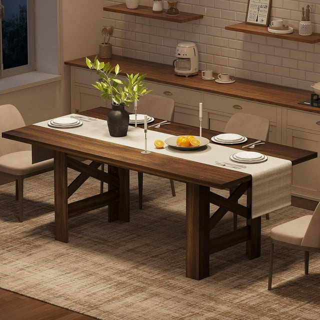 Yiwa 71" Rectangular Dining Table, Wooden Farmhouse Kitchen Table with Stable Triangular Legs for 6-8