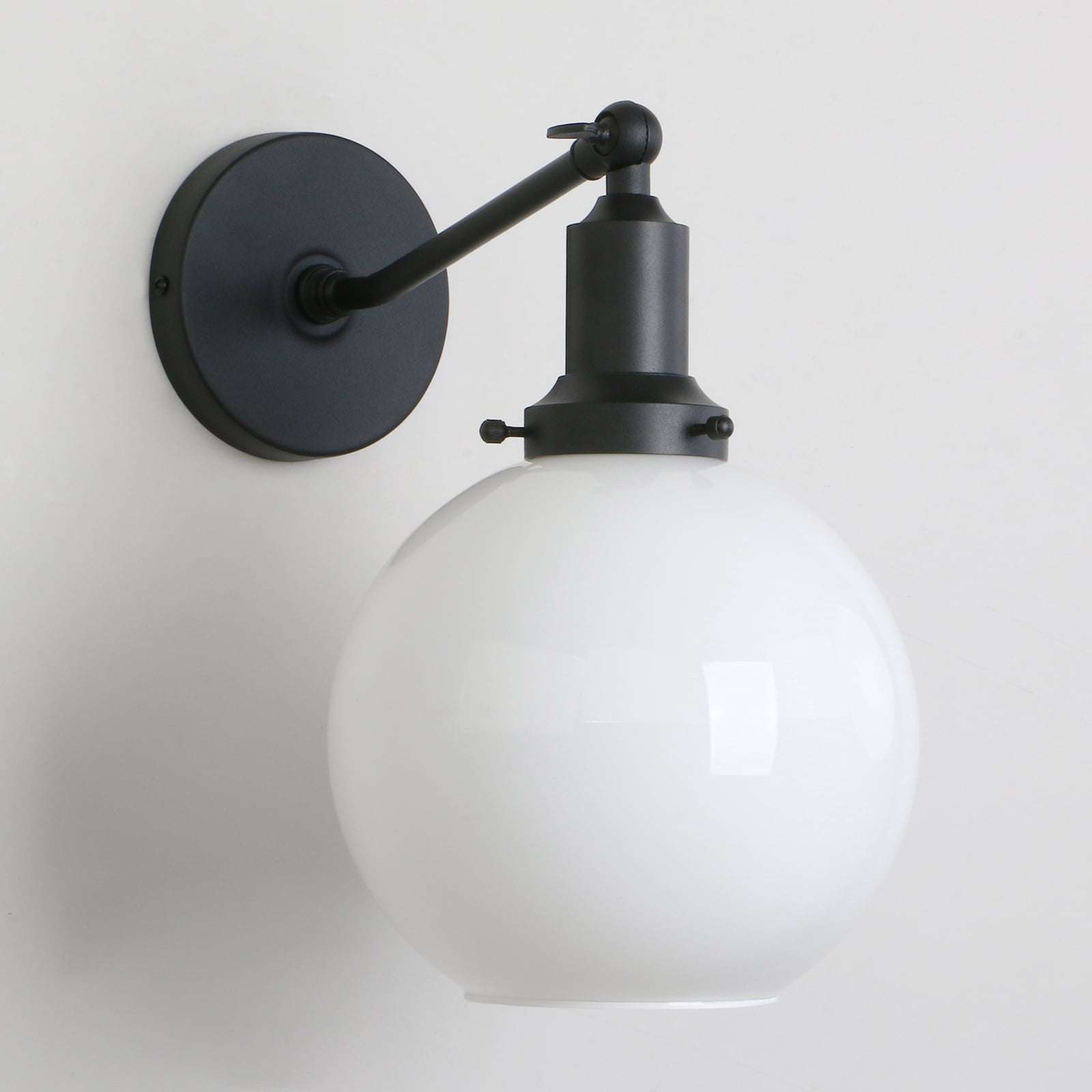 Permo Industrial Vintage Wall Sconce - Single Light With 7.9 Inch Milk White Glass Shade, Black, Hardwired