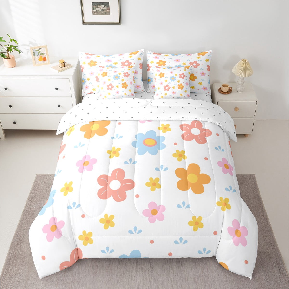 jejeloiu Cute Flower Twin Bedding Sets 7-Piece,Plant Theme Bedding Comforter Set,Orange Blue White Sheet Sets For Girls Kids,Microfiber Room Decoration