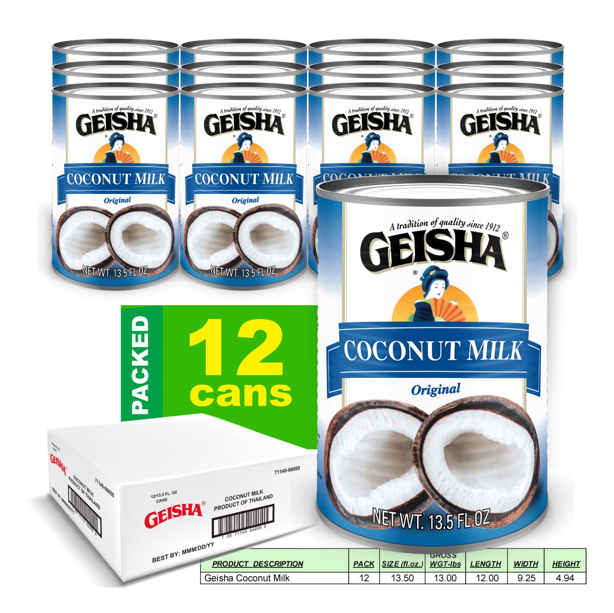 GEISHA Coconut Milk 13.5 FL OZ. (Pack of 12), Original Coconut milk | No Trans Fat － No Sugar Added － Gluten Free－Dairy Alternative Coffee Creamer－Made in Thailand
