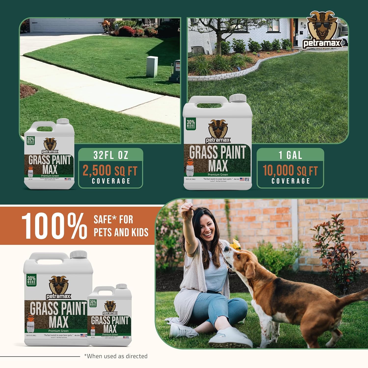 PetraMax Green Grass Paint and Non-toxic Plant Sprayer for Shrubs & Grass, Instant Green Premium, 1 Gallon