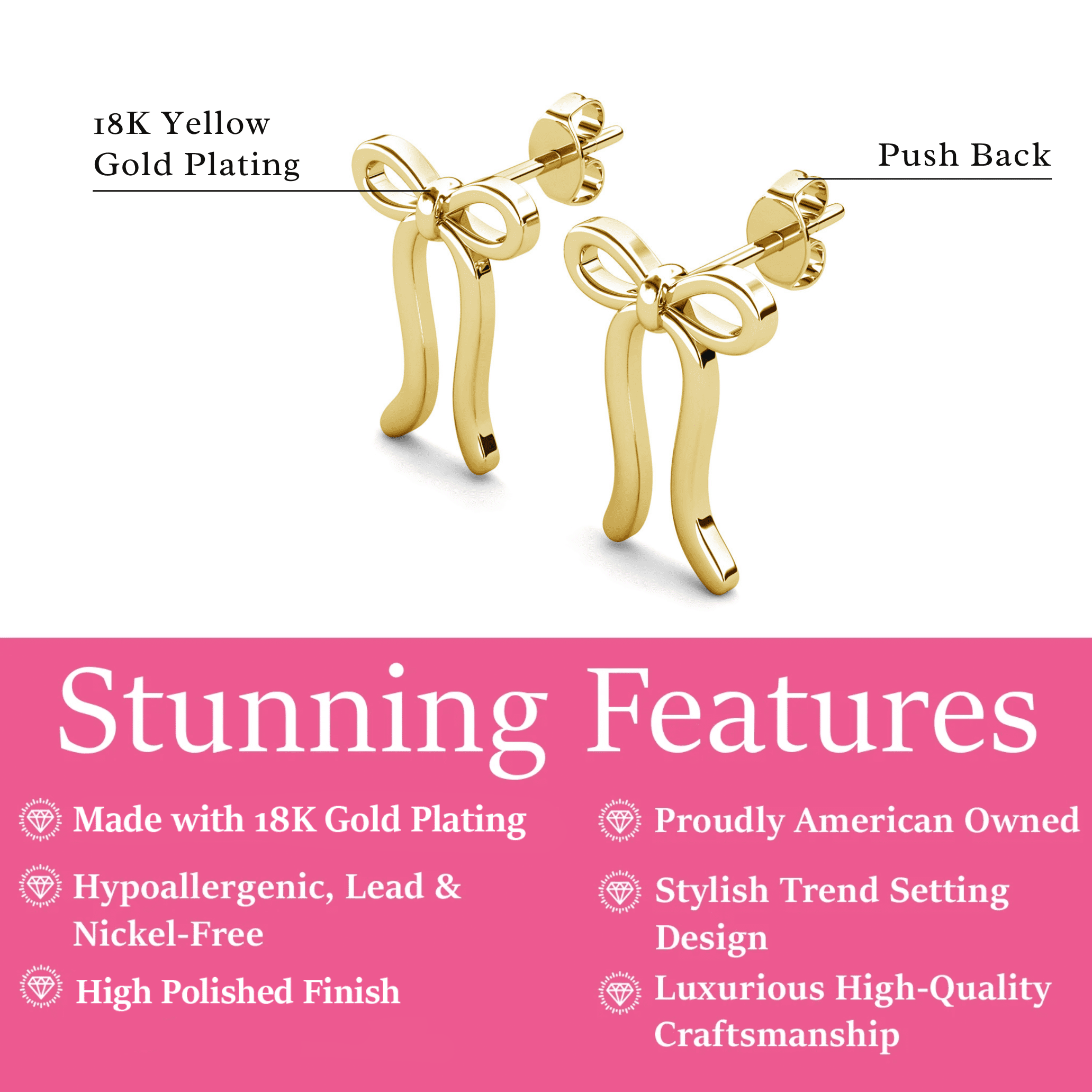 Cate & Chloe Lola 18k Yellow Gold Plated Ribbon Bow Drop Earrings, Gift for Women