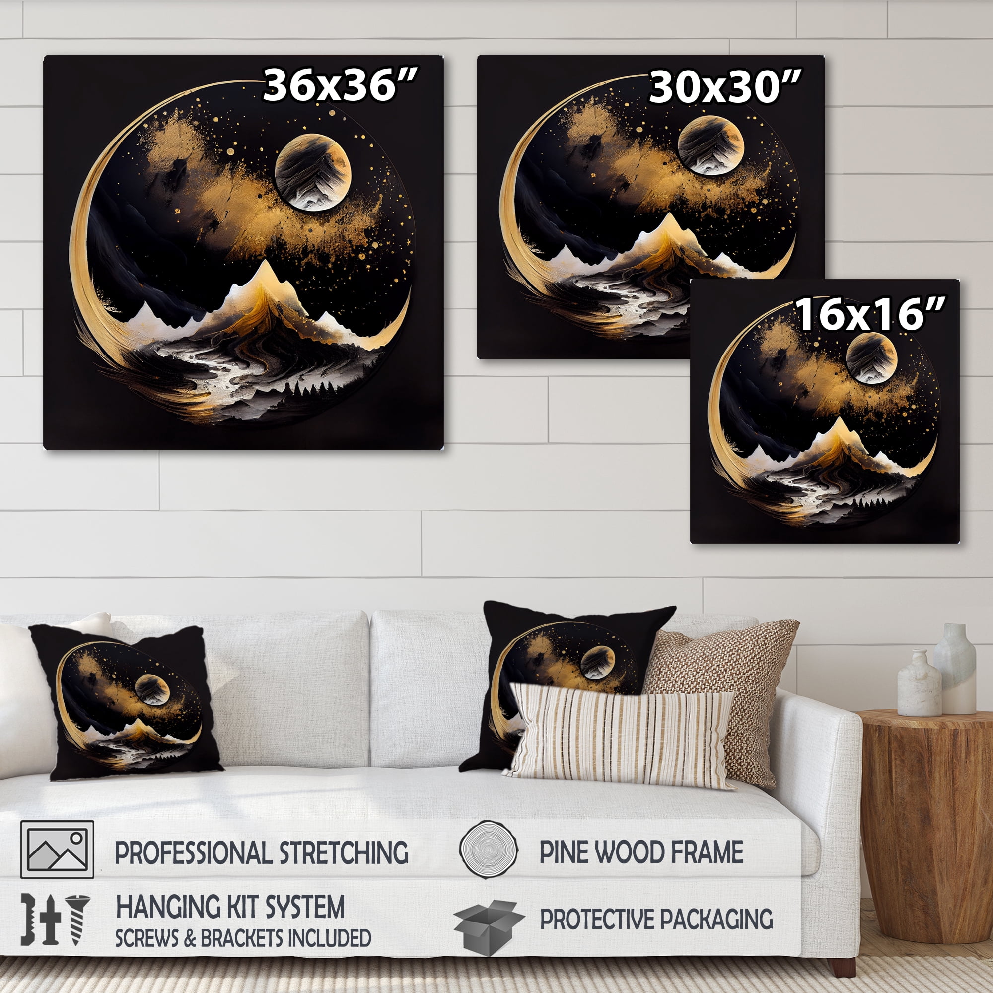 Designart Black And Gold Mountain Landscape III Canvas Wall Art
