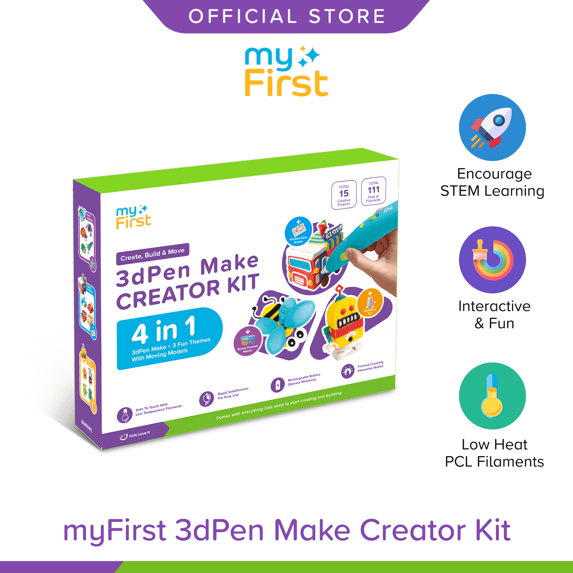 myFirst 3dPen Make Creator Kit, 3D Printing Pen for Kids with 51 PCL Filament Rolls & 15 Templates, Blue